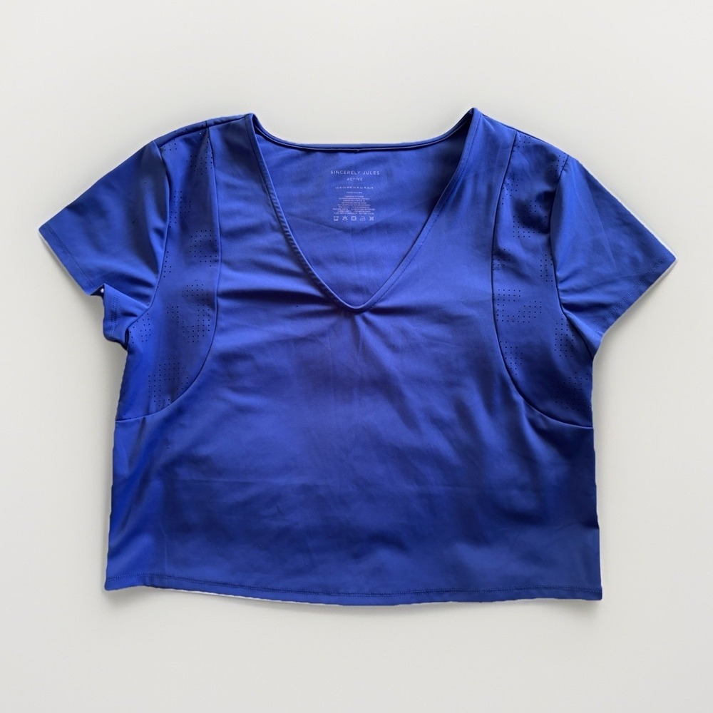 Sincerely Jules Active Top Womens Medium Blue V-Neck Perforated Cropped‎ Yoga